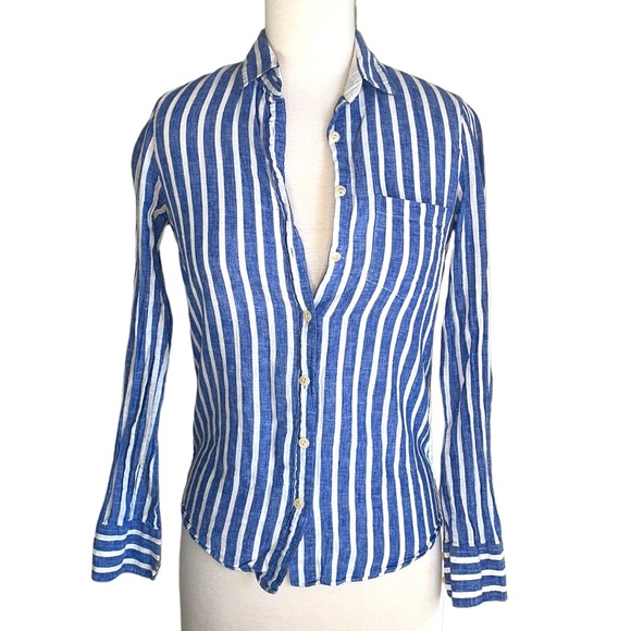 J. Crew Tops Jcrew Linen Pinstripe Blue And White Button Down Boy